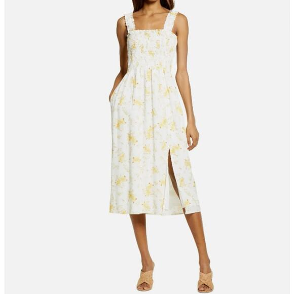 WAYF Rashida Smocked Midi Sundress, Ivory Floral Print Rayon Dress, Size 1X, NWT